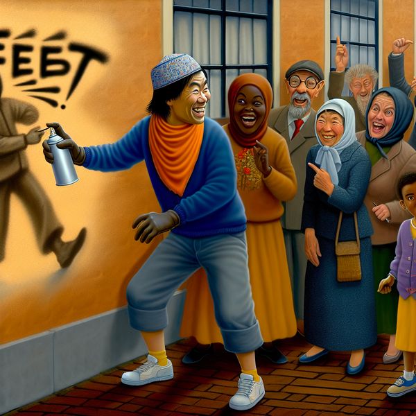 Vrolijk graffiti kunstwerk 'Feest' op drukke straat Een vrolijk persoon die met spuitverf het woord 'Feest' op een muur aanbrengt te midden van een drukke straat.