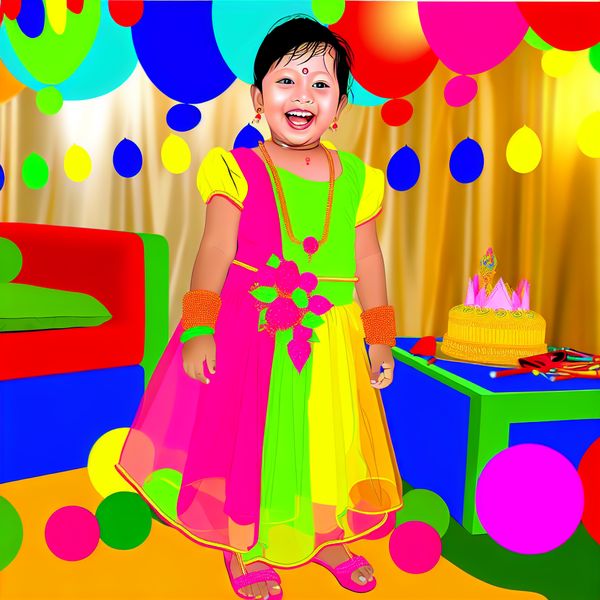 Een jonge meisje in een kleurrijke outfit, omringd door ballonnen en feestdecoraties