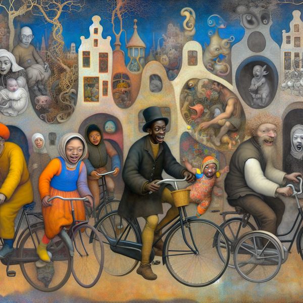 Een kleurrijk stadslandschap met mensen die vrolijk op fietsen rijden, omgeven door surrealistische elementen en fantasieachtige wezens.