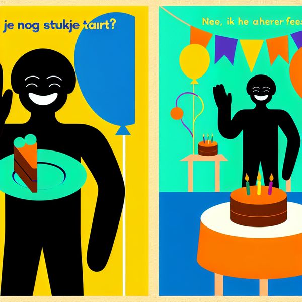 Vrolijk karakter zegt nee tegen taart en feest Een vrolijke karakter die zijn hoofd schudt met een glimlach, omringd door een kleurrijke scène met taart en feestdecoraties.