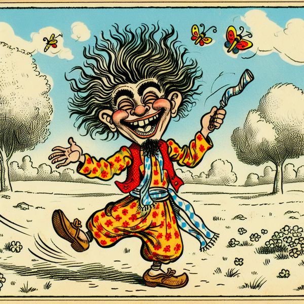Vrolijk kind speelt buiten in cartoonstijl Een vrolijk cartoonbeeld van een kind dat buiten speelt, omringd door vlinders en bloemen.