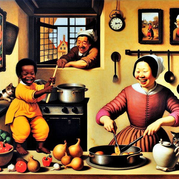 Vrolijke kind in de keuken met een eenvoudig recept Een vrolijk kind dat een eenvoudig recept volgt in een levendige keuken, met kleurrijke ingrediënten om hen heen.