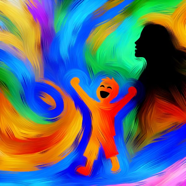 Abstracte expressionistische kunstwerk met een vrolijk kind dat 'Mama!' roept, omgeven door levendige kleuren en een chaotische achtergrond die liefde en genegenheid vertegenwoordigt.
