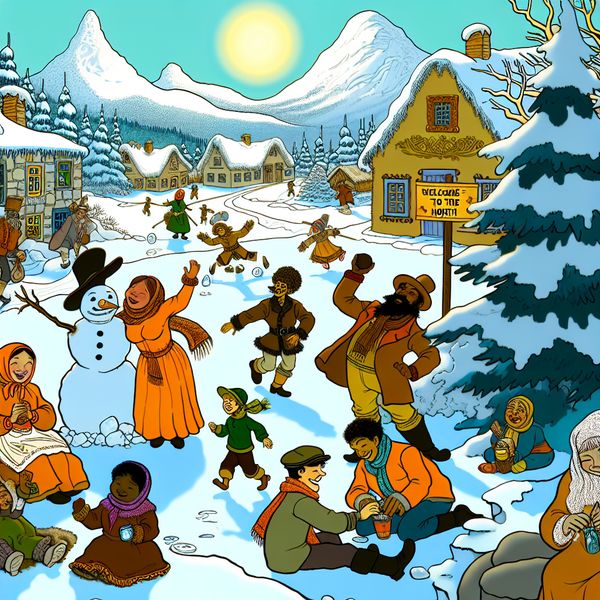 Vrolijke Cartoon van een Noordelijk Dorp in de Winter Een sfeervolle cartoonweergave van een druk noordelijk dorp met sneeuw, waar vrolijke personages winteractiviteiten ondernemen zoals het bouwen van een sneeuwman en het drinken van warme chocolademelk terwijl kinderen sneeuwballen gooien.