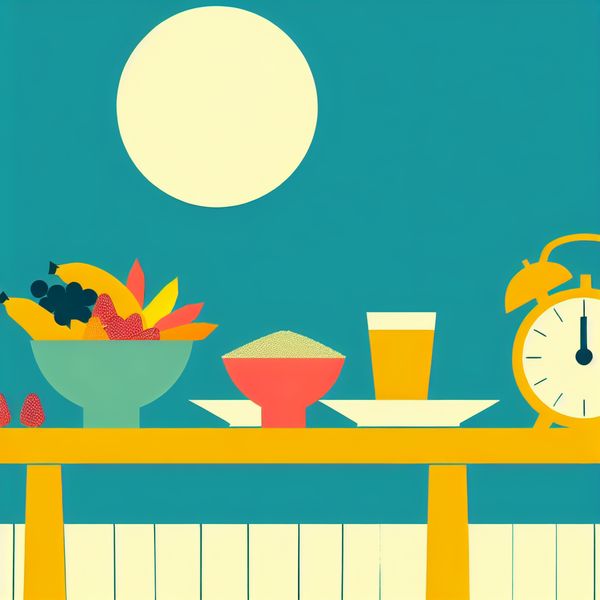 Minimalistische illustratie van een vrolijk ontbijtscène met gezond ontbijt en kleurrijk fruit.
