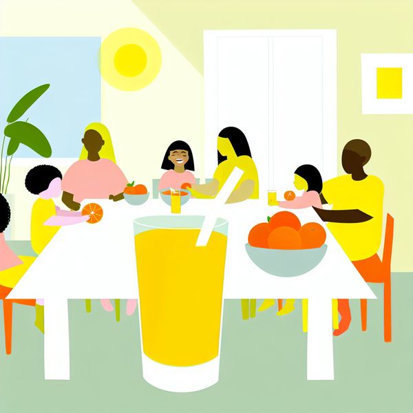 Vrolijk ontbijt met sinaasappelsap en een liefdevolle familie Een minimalistisch tafereel van een ontbijt met sinaasappelsap op een vrolijke tafel, omringd door een lachende familie.