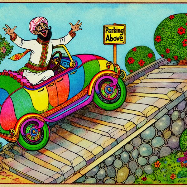 Vrolijke cartoon van een personage in een kleurrijke auto Een vrolijk personage dat een kleurrijke auto bestuurt op een steile helling naar een zonnige parkeerplaats met bomen en bloemen eromheen.