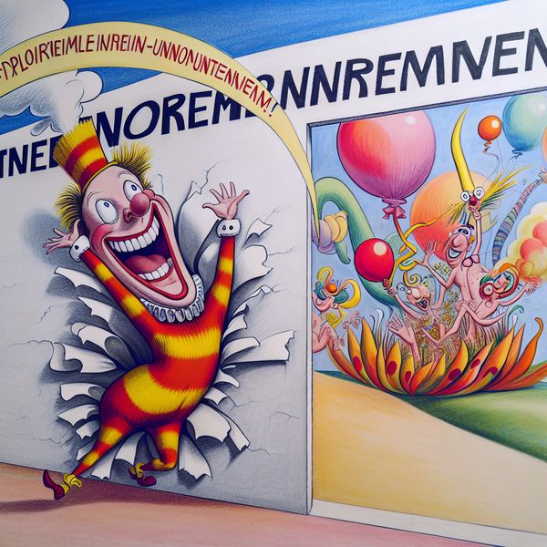 Vrolijk personage doorbreekt normen met creativiteit Een vrolijk personage breekt door een grote, cartoonachtige muur met het woord 'normen', omgeven door een levendig landschap met ballonnen en vreemde planten.