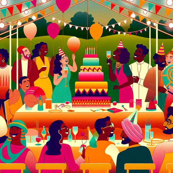 Vrolijk verjaardagsfeest met vrienden en kleurrijke decoraties Vrolijk verjaardagsfeest met vrienden rondom een versierde tafel, gevuld met ballonnen en een grote feesttaart.
