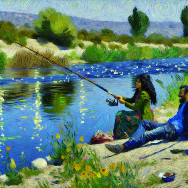 Vrolijk vissen aan een serene rivier Twee vrienden die vrolijk vissen aan de oever van een serene rivier omringd door groene natuur