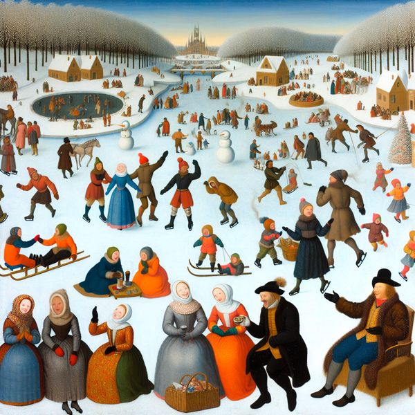Vrolijk winterlandschap met activiteiten voor gezin en vrienden Een winterlandschap vol mensen die vrolijk schaatsen, sneeuwpoppen maken en warme dranken rond een kampvuur genieten.