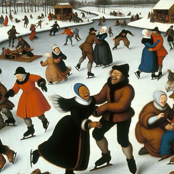 Vrolijk ijslandschap in Avercamp stijl Groep mensen vrolijk schaatsend op een bevroren kanaal in een levendig winterlandschap