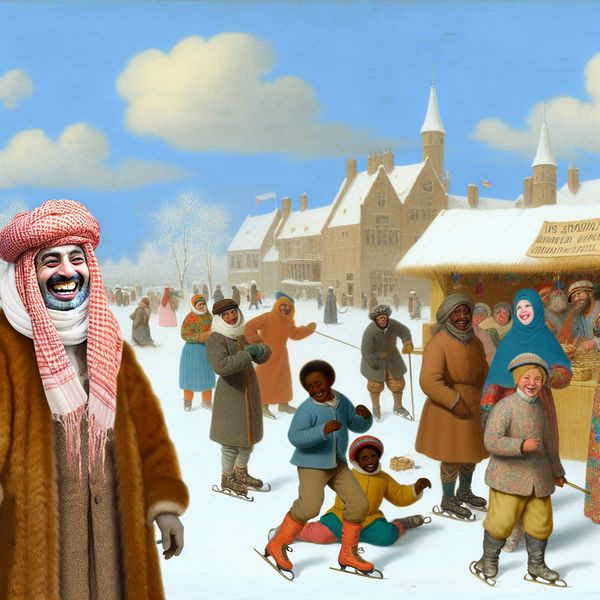 Vrolijk winterlandschap met lachende mensen Een man met een grote lach in een winterlandschap met mensen die buitenactiviteiten in de sneeuw uitvoeren.