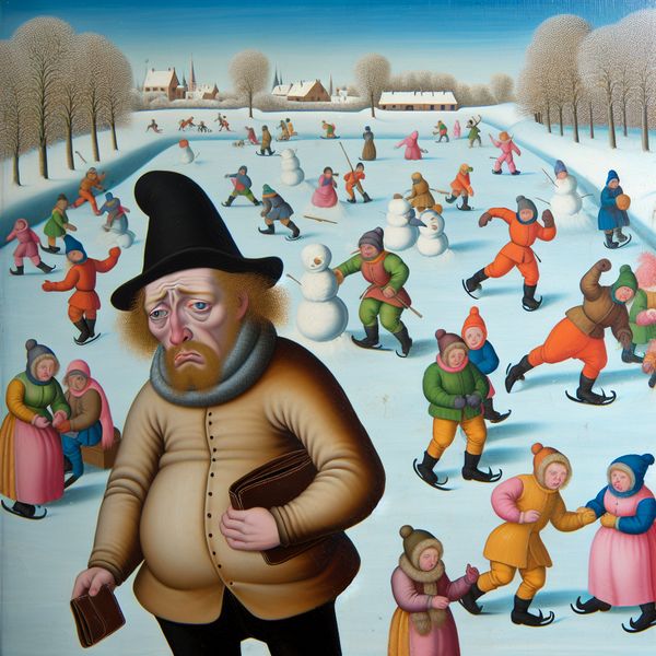 Vrolijk winterlandschap met schaatsers en sneeuwpoppen Vrolijk winterlandschap met mensen die schaatsen en sneeuwpoppen maken, terwijl één persoon met een bezorgde uitdrukking en een lege portemonnee staat.