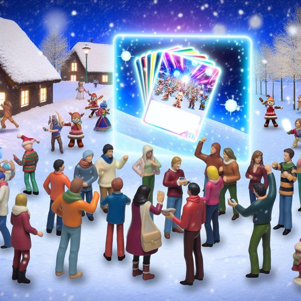 Winterlandschap met vrienden die een grote, gloeiende virtuele CARD gebruiken om een speciale geheime level in een videogame te ontgrendelen.