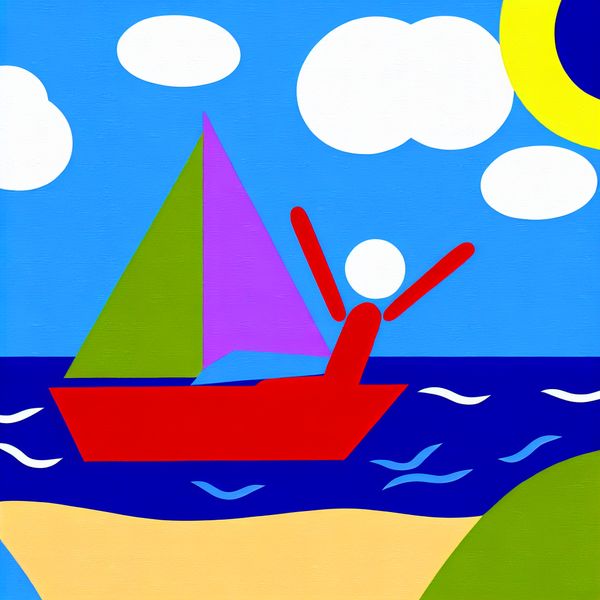 Vrolijk zeilen op een zonnige zomerdag Een kleurrijke minimalistische illustratie van een persoon die vrolijk zeilt op een kleine zeilboot op een zonnige zomerdag, met een helderblauwe lucht en een paar pluizige witte wolken.