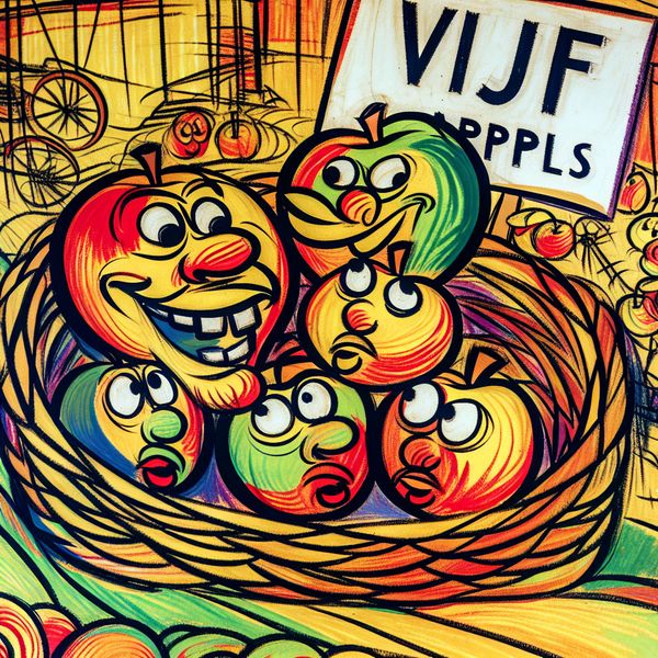 Vrolijke cartoon appels met het getal vijf Een vrolijke cartoonafbeelding van een grote vriendelijke appel met een lachend gezicht, omringd door vier kleinere appels in een charmante mand, met de nadruk op het getal vijf.