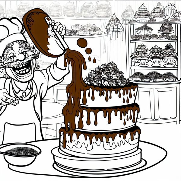 Vrolijke bakker versiert taart met chocolade Een vrolijke bakker in een kleurrijke bakkerij versiert een grote taart met chocoladeglazuur.
