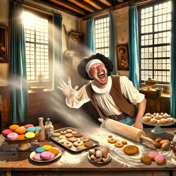 Een blije bakker in een traditionele Nederlandse keuken die met enthousiasme taarten en koekjes bakt.