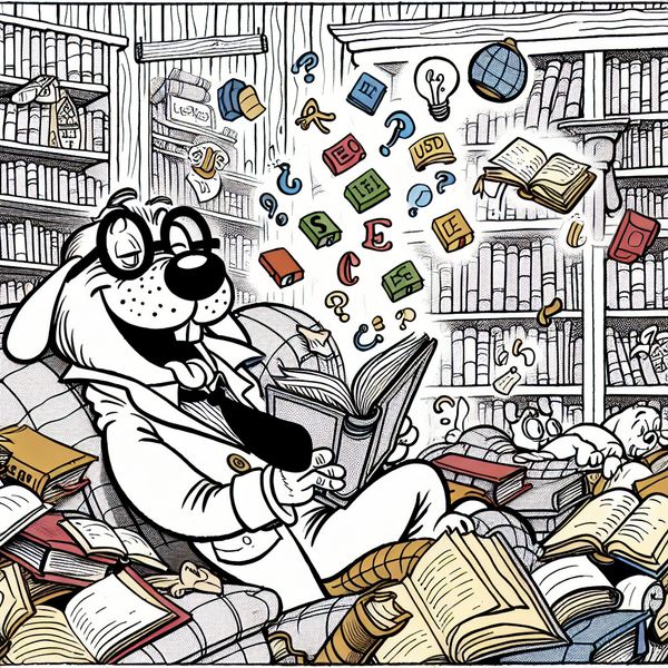 Vrolijke bibliotheekscène met een lerend karakter Een vrolijke cartoonachtige scene van een antropomorf karakter in een gezellige bibliotheek omringd door kleurrijke boeken, met een open boek in de hand.