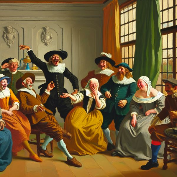 Vrolijke binnenhuis scène geïnspireerd door Frans Hals Een levendige binnenhuis scène met mensen die vrolijk met elkaar converseren en lachen, geïnspireerd door Frans Hals.