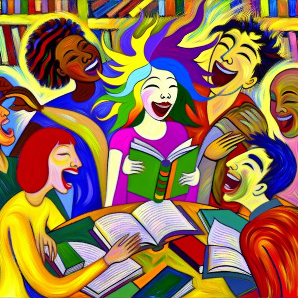 Vrolijke bijeenkomst van boekclubleden Een levendig en abstract beeld van diverse individuen die enthousiast samenkomen in een boekenclub, met een vrouw met kleurrijk haar die een boek vasthoudt.
