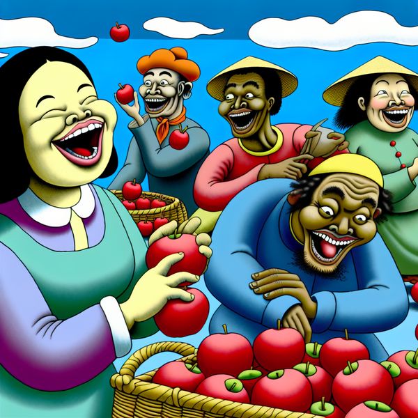 Een vrolijke cartoonweergave van boeren die enthousiast fruit oogsten in een kleurrijk veld.