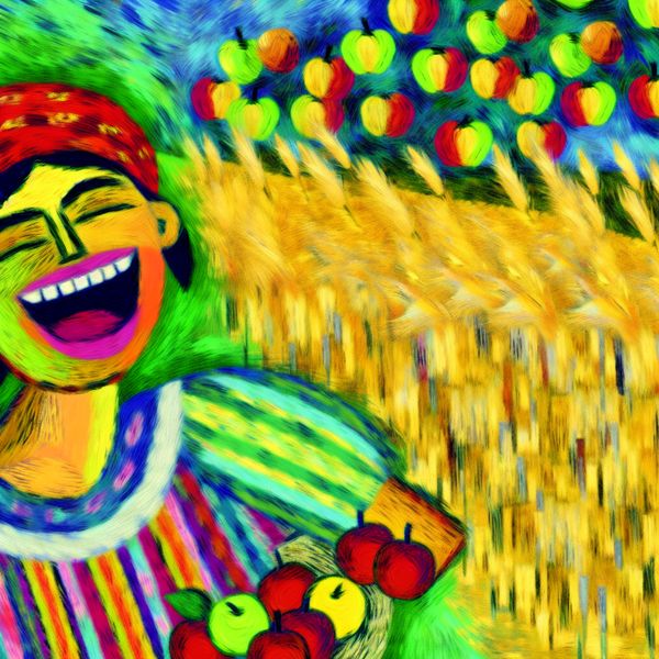 Een vrolijke boer die geniet van het oogsten van rijpe appels in een kleurrijke, abstracte omgeving