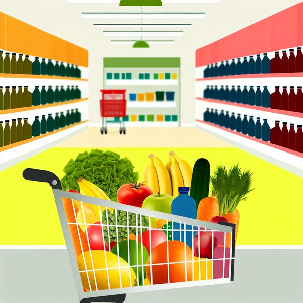 Vrolijke boodschappenwagen met groenten en fruit Vrolijke illustratie van een kleurrijke boodschappenwagentje vol met groenten, fruit en verpakte producten in een winkelgang.