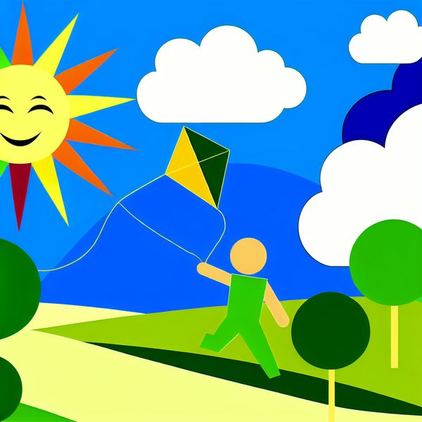 Vrolijke buitenscene met een kind dat een vlieger laat vliegen Een vrolijke scène met een kind dat een kleurrijke vlieger laat vliegen onder een zonnige lucht met een glimlachende zon.