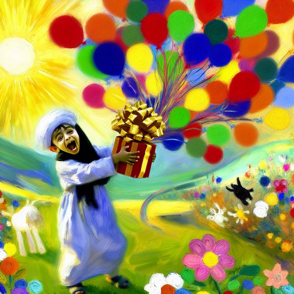 Vrolijke cadeau geven scene voor kinderen Een kind met een blije uitdrukking houdt een prachtig ingepakt cadeau vast omringd door kleurrijke ballonnen in een zonnig landschap met bloemen en speelse dieren.