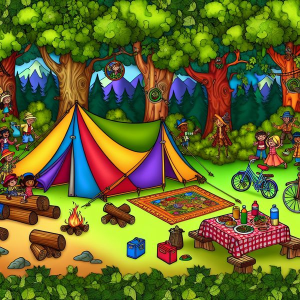 Vriendelijke camping ervaring met tent en karakter Een speelse, cartoonachtige illustratie van een camping met een kleurrijke tent, campinguitrusting en vrolijke karakters die buitenactiviteiten genieten.