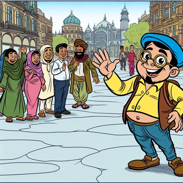 Vrolijke cartoon van begroeting op straat Cartoon van een vrolijke persoon die een vriend op straat begroet met een vriendelijke handzwaai.