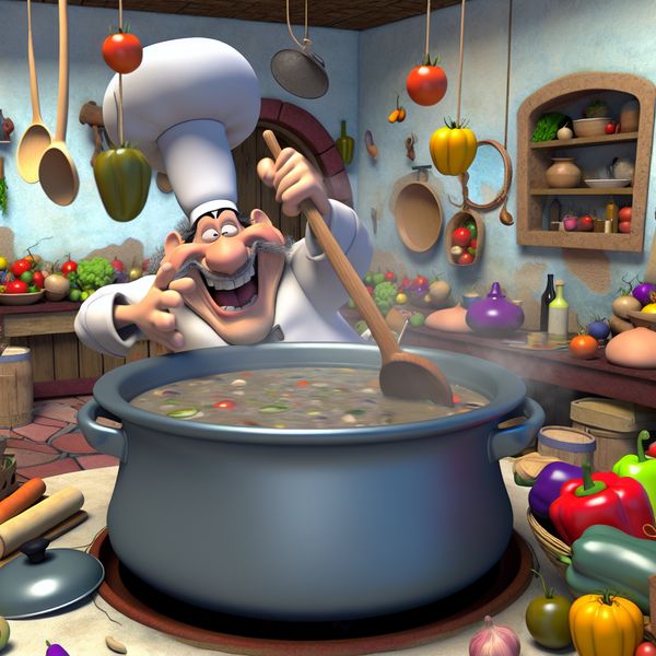 Vrolijke Cartoon Chef in Keuken met Brijn Een vrolijke cartoon chef die een grote pot roert met een heldere, waterige brijn, omringd door kleurrijke groenten en kruiden in een levendige keuken.