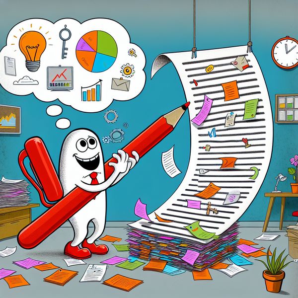 Vrolijke cartoon office scene met toevoegen van informatie aan rapport Een cartoonachtige afbeelding van een vrolijk personage dat informatie toevoegt aan een groot rapport met een rode pen, omringd door verspreide papers en een denkbubbel met verschillende iconen zoals een grafiek en een checklist.