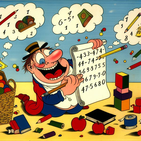 Vrolijke cartoon over tellen met Marten Toonder inspiratie Een vrolijke cartoonfiguur met een groot notitieboek en potlood, blij artikelen tellend met kleurrijke objecten zoals appels en boeken in een speelse setting.