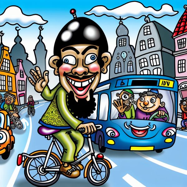 Vrolijke cartoon van een stadsstraat met voertuigen Een vrolijke cartoon van een levendige stadsstraat met een lachende fietser en een bus met een glimlach.