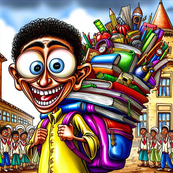 Een vrolijke cartoonfiguur, een jonge student met een kleurrijke rugzak vol boeken en schoolspullen, staat voor een speelse school met grote ramen en een grappige klokkentoren.
