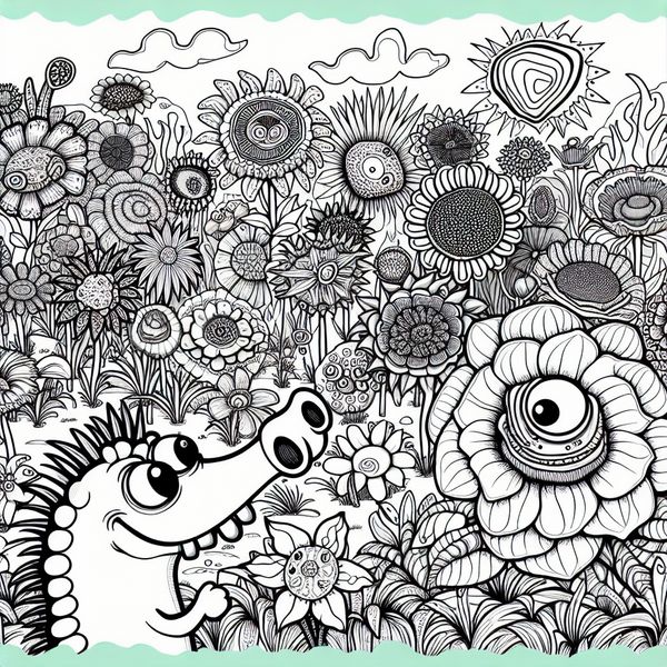 Vrolijke cartoonillustratie van een bloeiende tuin met bloemen Cartoon illustratie van een kleurrijke tuin vol met verschillende bloemen, met een nieuwsgierig wezen dat de bloemen bewondert.