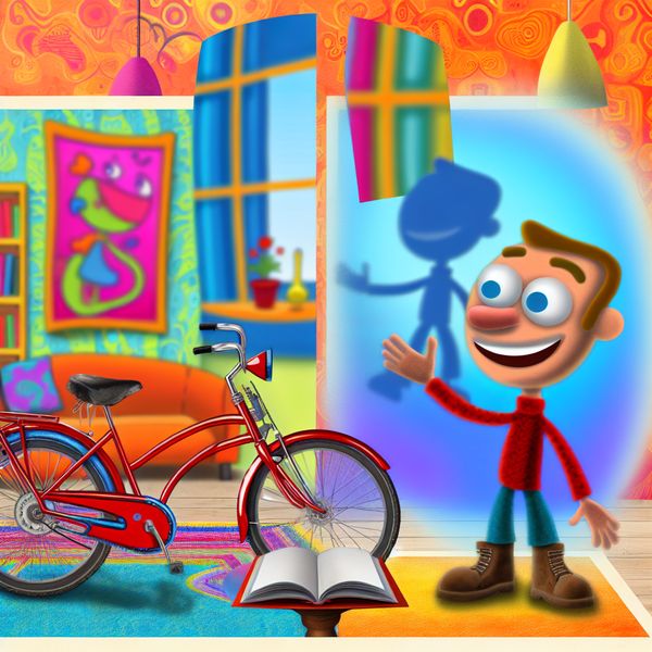 Speelse cartoon over bezit en bezittelijk voornaamwoord Kleurige cartoon woonkamer met een vrolijke figuur naast een rode fiets met het label 'Mijn fiets'