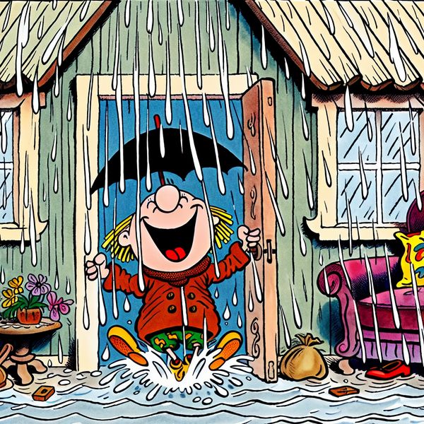 Een vrolijke cartoonfiguur die een gezellig huis binnenkomt tijdens een flinke regenbui, met de nadruk op het schudden van een paraplu bij de ingang