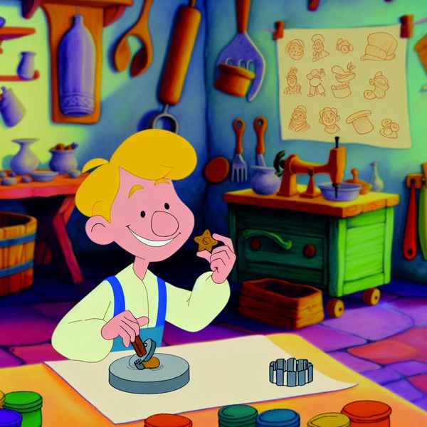 Een vrolijke cartoonfiguur die een klein speels kleivormpje aan het maken is in een kleurrijke werkplaats.