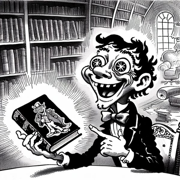 Vrolijke cartoonfiguur wijst naar nieuw boek Een vrolijke cartoonfiguur wijst enthousiast naar een recent uitgebracht boek op een tafel in een gezellige kamer, vol met boeken.