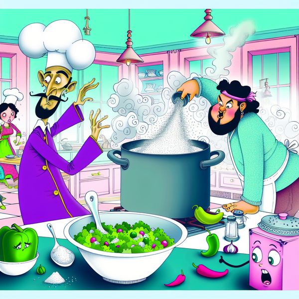 Verrassende zoute smaak in een cartoonkeuken Een cartoonachtige chef in een kleurrijke keuken die verrast kijkt naar een pot soep waarin hij per ongeluk te veel zout heeft gestrooid, omringd door verbaasde groenten.