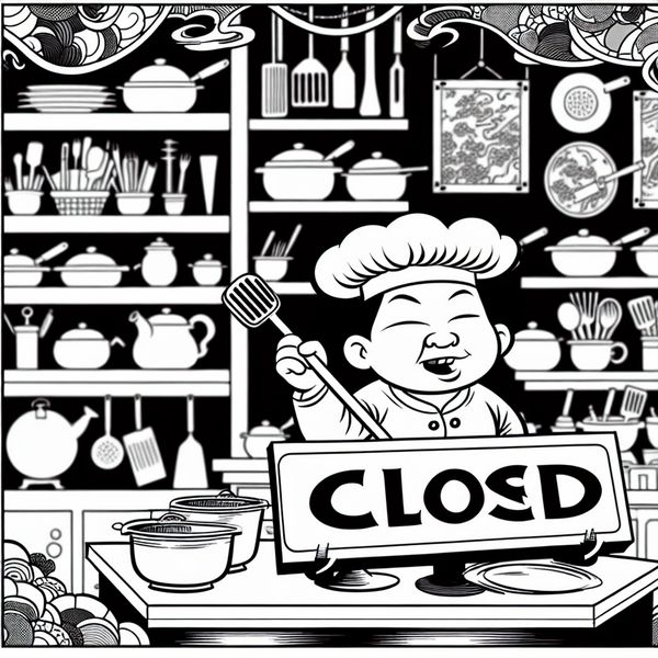 Vrolijke chef in kleurrijke keuken - Afgesloten restaurant Een vrolijke chef in een kleurrijke restaurantkeuken, die potten en pannen wast met een 'Afgesloten' bord aan de deur.
