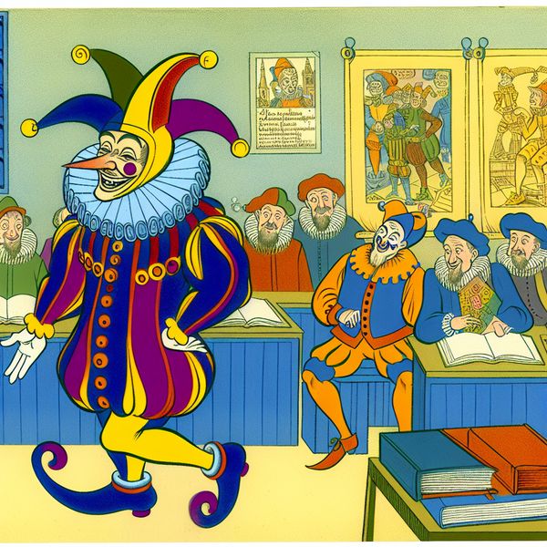Vrolijke clown in de klas - Leerlingen lachen en leren Een vrolijke clownachtige figuur vertelt grappen aan zijn klasgenoten in een kleurrijke schoolomgeving.
