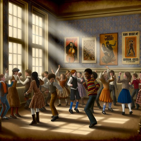 Vrolijke dansscene in de klas met diverse kinderen Kinderen van diverse achtergronden dansen vrolijk in een klaslokaal met vintage muziekposters.