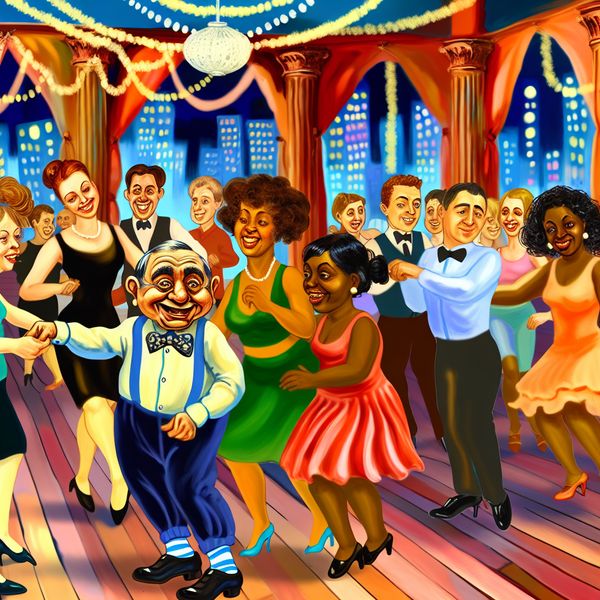 Vrolijke dansles in een kleurrijke balzaal Groep mensen van verschillende leeftijden en achtergronden die vrolijk dansen tijdens een dansles in een kleurrijke balzaal, met een enthousiaste instructeur vooraan.