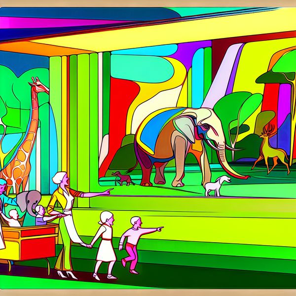 Vrolijke dieren in een retro-futuristische dierentuin Een kleurige retro-futuristische illustratie van een zoon, met kinderen die een olifant en een giraffe aanwijzen.
