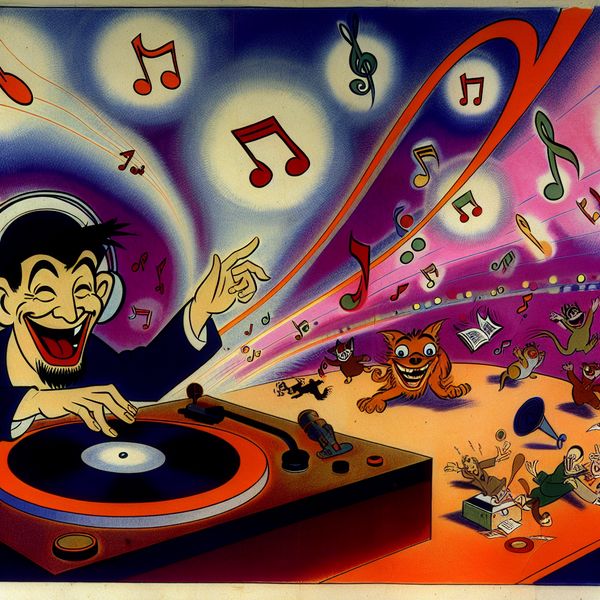 Een kleurrijke cartoon van een vrolijke DJ in een radio studio, omringd door geluidsgolven en danzende dieren.